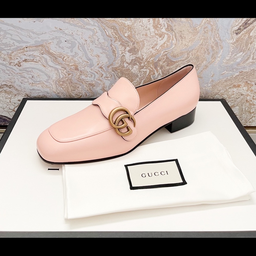 New! Gucci GG Marmont Malaga Kid Pink Leather Womens Loafers - Picture 7 of 10